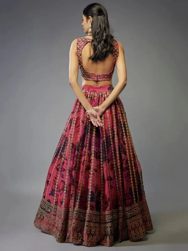 Wine_Red_Organza_Floral_Embellished_Lehenga_Choli_Set_For_Women