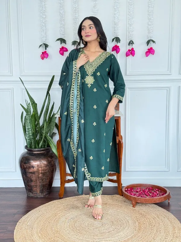 Bottle_Green_Cotton_Golden_Embroidered_Salwar_Suit_Set_For_Women
