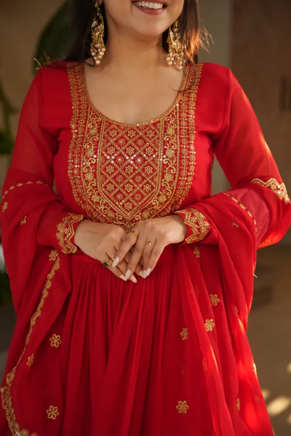 Red_Cotton_Embellished_Anarkali_Gown_With_Dupatta_For_Women