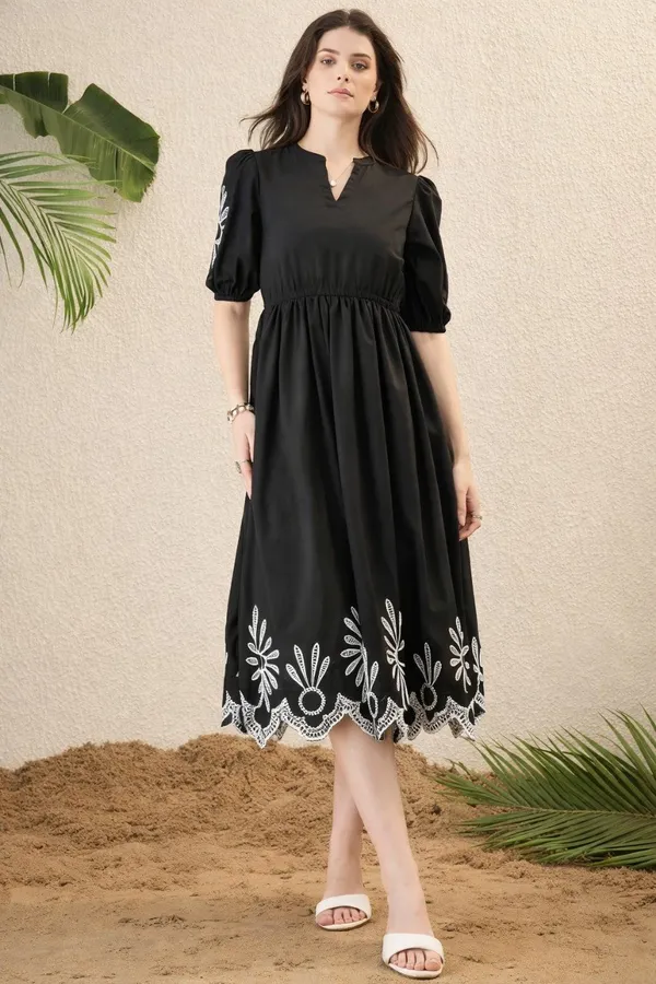 Black_Cotton_Floral_Embroidered_Puff_Sleeve_Midi_Dress_For_Women