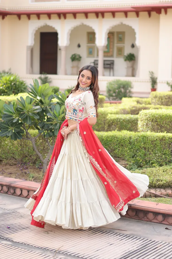 White_And_Red_Cotton_Embroidered_Anarkali_Lehenga_Choli_For_Women