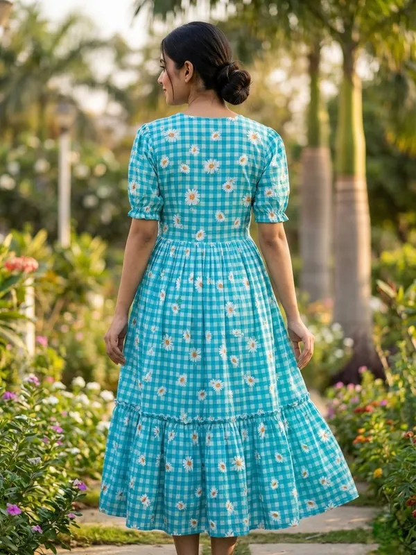 Blue_Cotton_Gingham_Floral_Print_Puff_Sleeve_Midi_Dress_For_Women