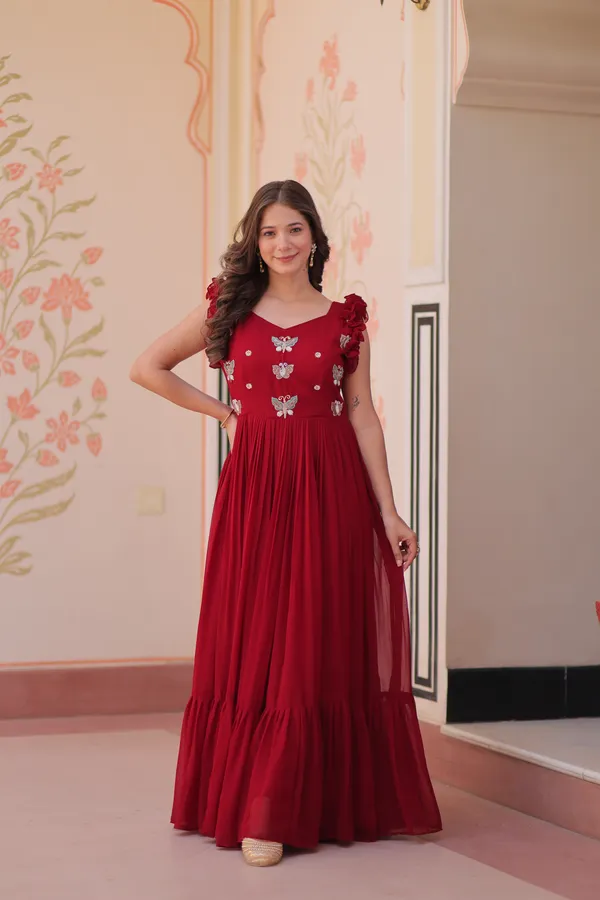 Red_Cotton_Floral_Embellished_Pleated_Anarkali_Gown_For_Women