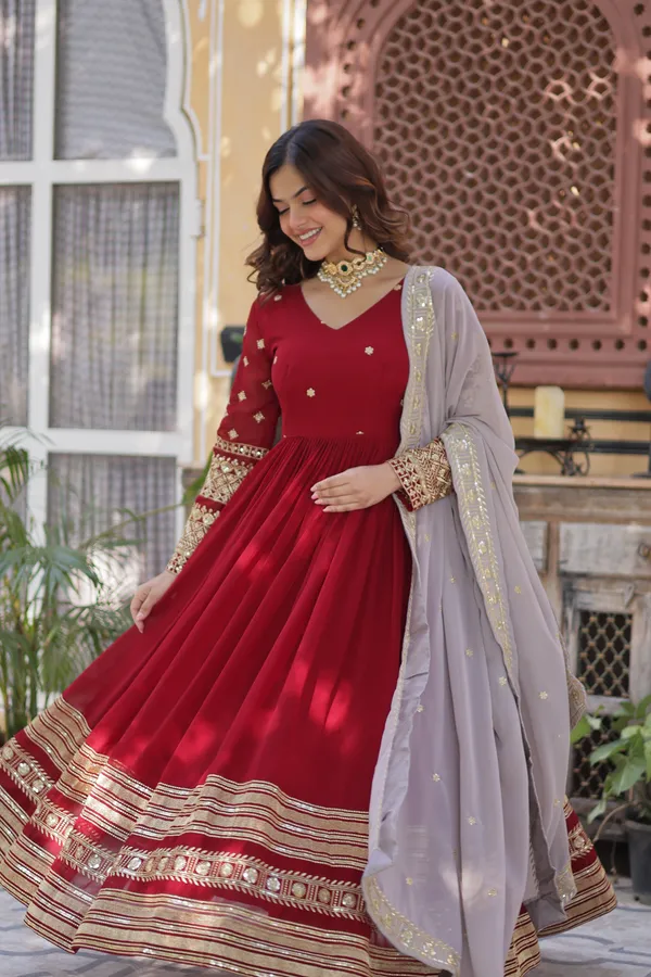 Red_Cotton_Embellished_Anarkali_Gown_With_Dupatta_For_Women