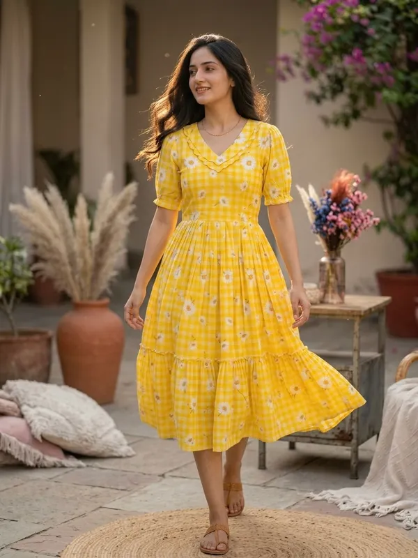 Yellow_Cotton_Checkered_Daisy_Print_Puff_Sleeve_Midi_Dress_For_Women