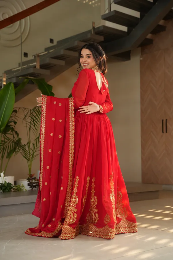 Red_Cotton_Embellished_Anarkali_Gown_With_Dupatta_For_Women