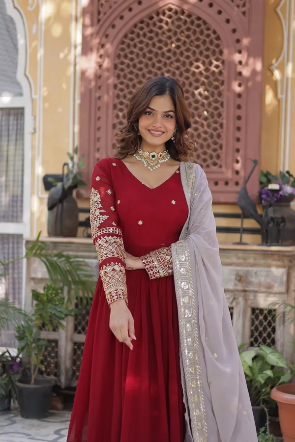 Red_Cotton_Embellished_Anarkali_Gown_With_Dupatta_For_Women