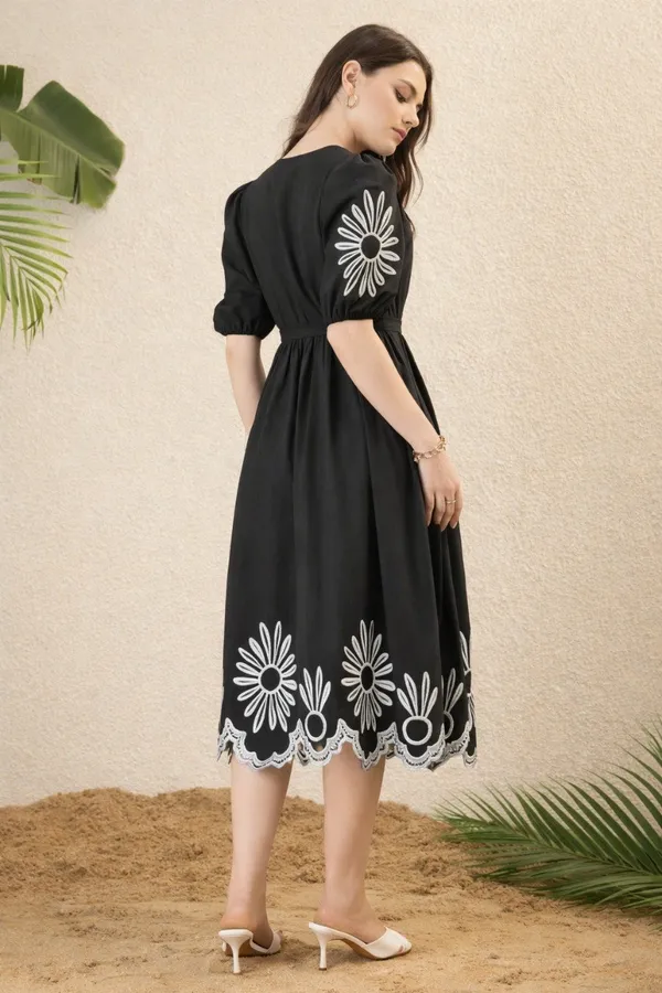 Black_Cotton_Floral_Embroidered_Puff_Sleeve_Midi_Dress_For_Women