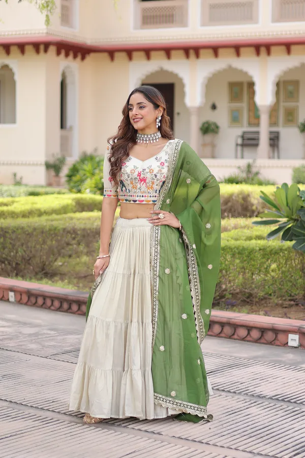 White_And_Green_Cotton_Embellished_Lehenga_Choli_For_Women