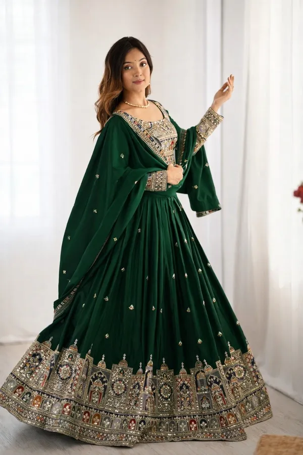 Bottle_Green_Cotton_Embroidered_Lehenga_Choli_For_Women