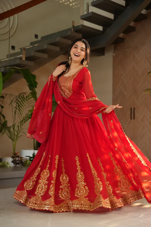 Red_Cotton_Embellished_Anarkali_Gown_With_Dupatta_For_Women