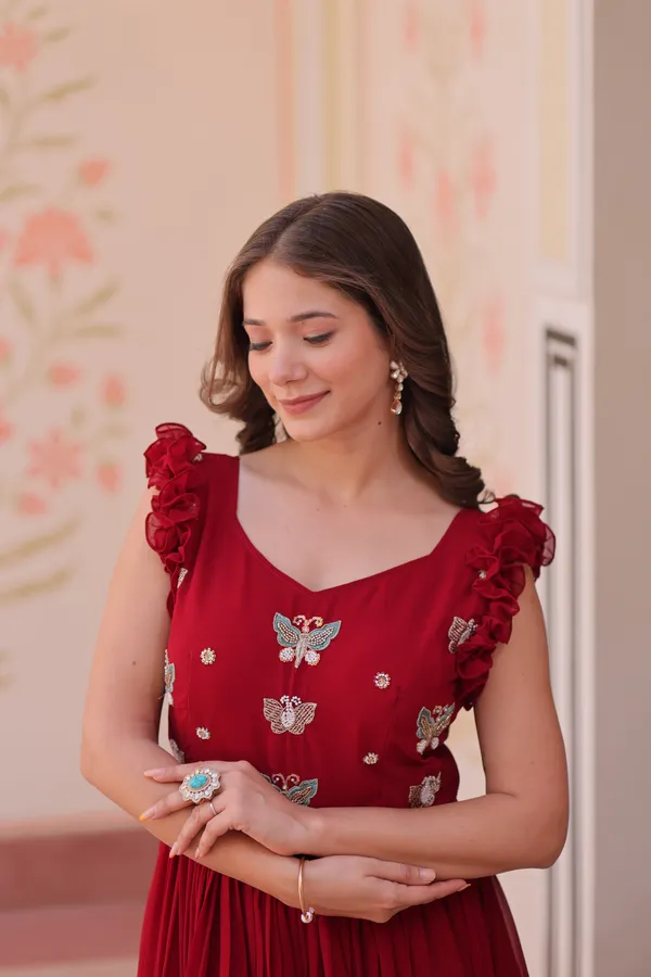 Red_Cotton_Floral_Embellished_Pleated_Anarkali_Gown_For_Women