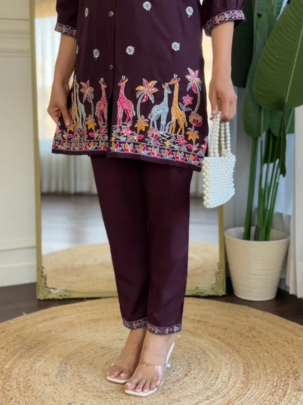Burgundy_Cotton_Embroidered_Co-Ord_Set_For_Women