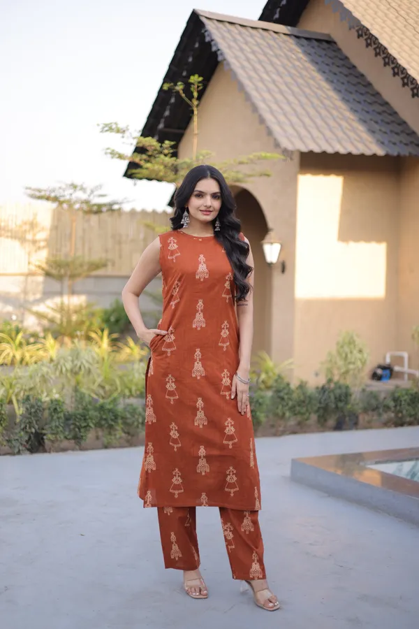 Rust_Orange_Cotton_Sleeveless_Kurta_Set_For_Women
