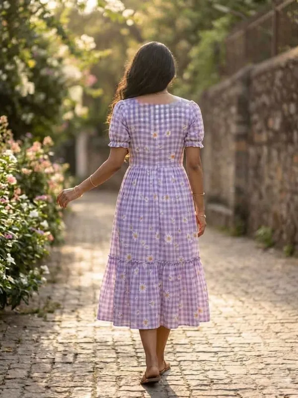 Purple_Cotton_Gingham_Daisy_Print_Puff_Sleeve_Midi_Dress_For_Women
