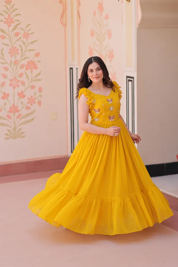 Bright_Yellow_Cotton_Embellished_Flared_Gown_For_Women