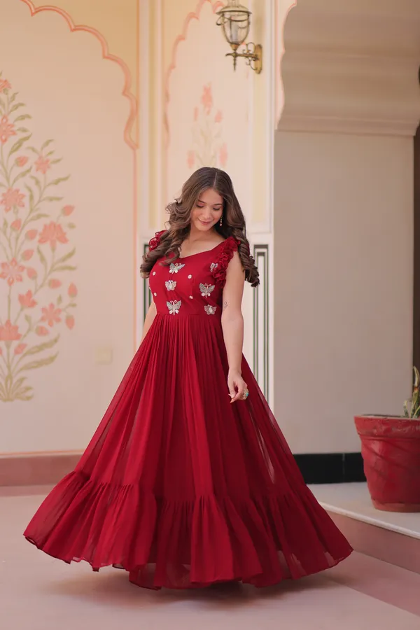 Red_Cotton_Floral_Embellished_Pleated_Anarkali_Gown_For_Women