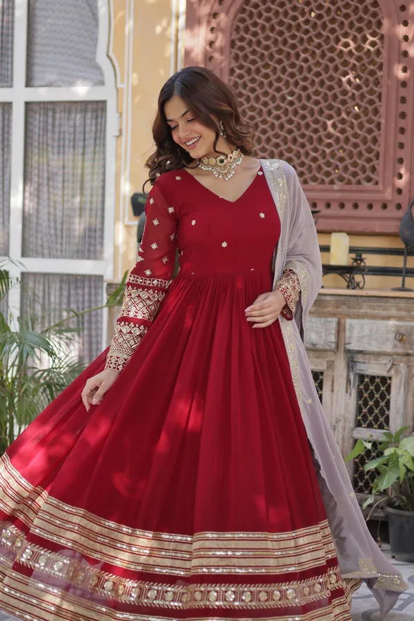 Red_Cotton_Embellished_Anarkali_Gown_With_Dupatta_For_Women