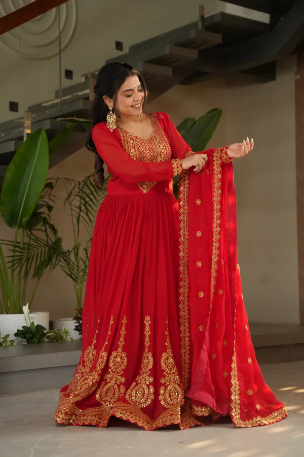 Red_Cotton_Embellished_Anarkali_Gown_With_Dupatta_For_Women