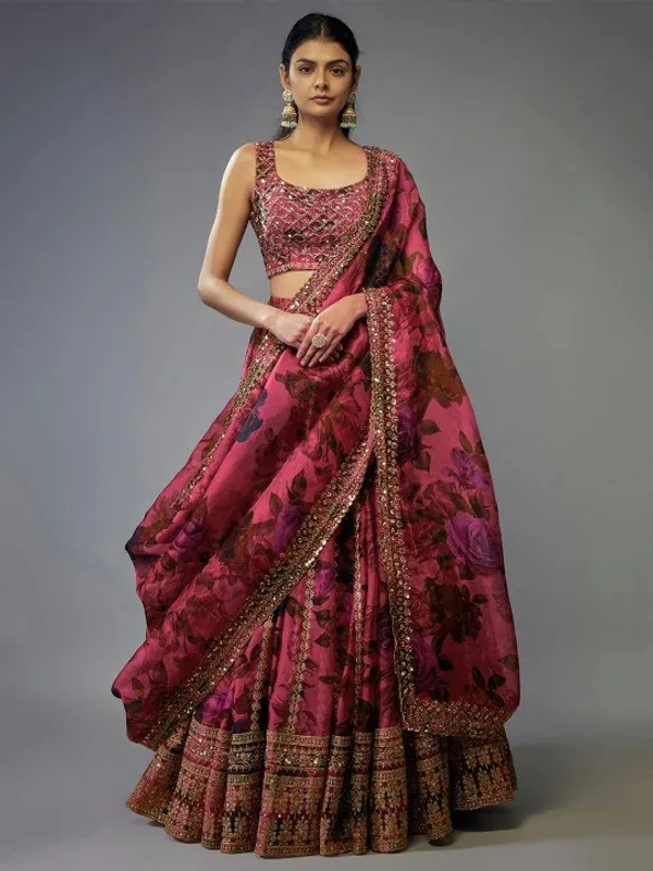 Wine_Red_Organza_Floral_Embellished_Lehenga_Choli_Set_For_Women