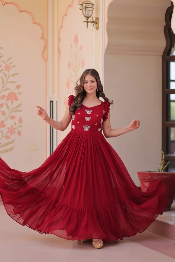 Red_Cotton_Floral_Embellished_Pleated_Anarkali_Gown_For_Women