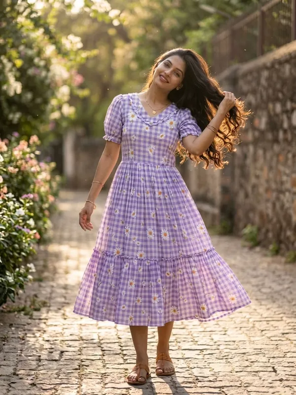 Purple_Cotton_Gingham_Daisy_Print_Puff_Sleeve_Midi_Dress_For_Women