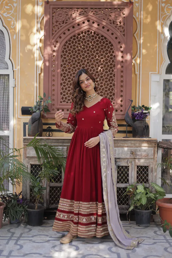 Red_Cotton_Embellished_Anarkali_Gown_With_Dupatta_For_Women