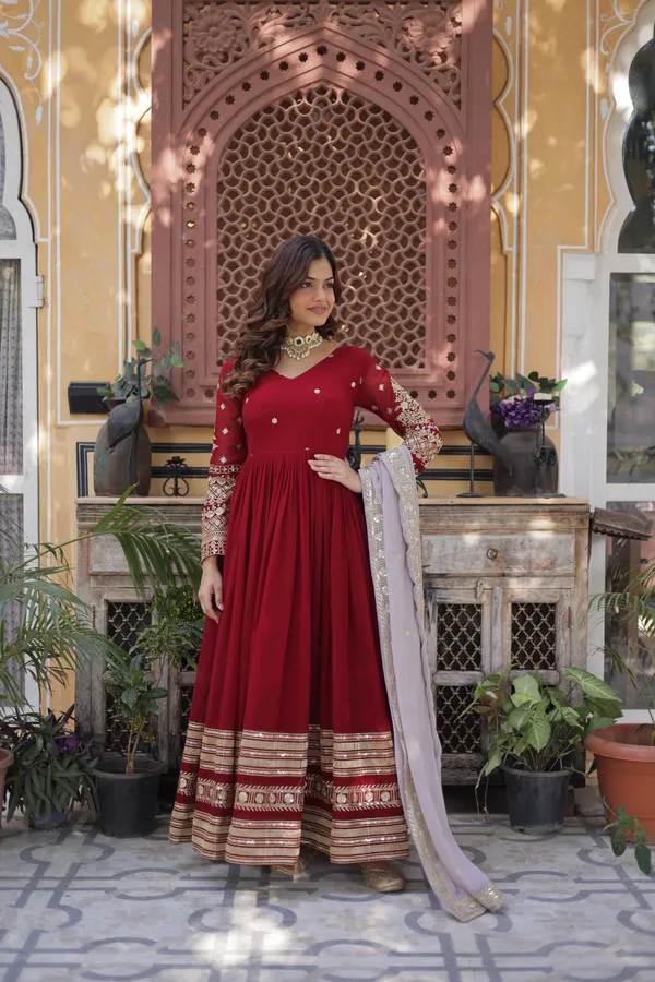 Red_Cotton_Embellished_Anarkali_Gown_With_Dupatta_For_Women