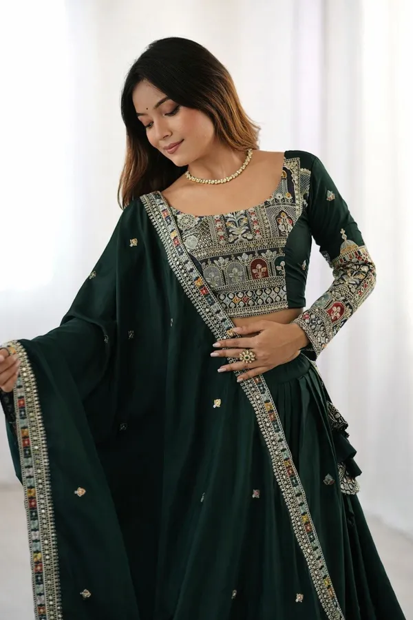 Bottle_Green_Cotton_Embroidered_Lehenga_Choli_For_Women