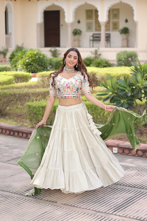 White_And_Green_Cotton_Embellished_Lehenga_Choli_For_Women
