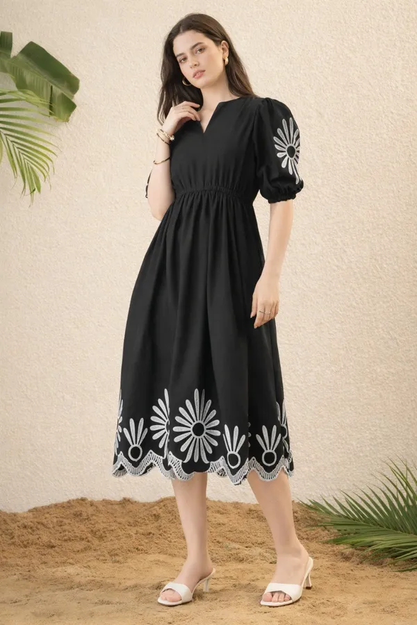 Black_Cotton_Floral_Embroidered_Puff_Sleeve_Midi_Dress_For_Women