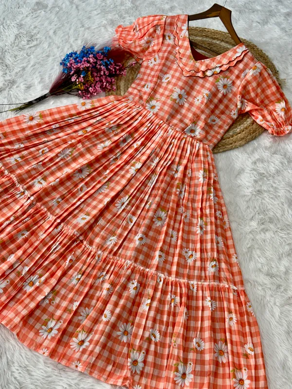 Orange_Cotton_Gingham_Daisy_Print_Puff_Sleeve_Midi_Dress_For_Women