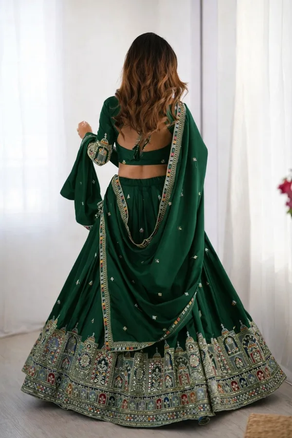 Bottle_Green_Cotton_Embroidered_Lehenga_Choli_For_Women