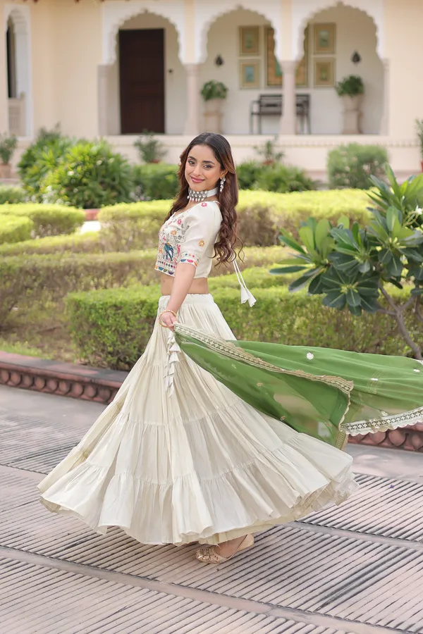 White_And_Green_Cotton_Embellished_Lehenga_Choli_For_Women