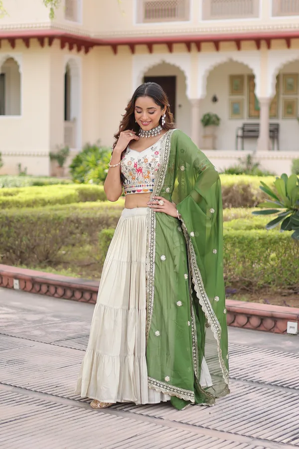 White_And_Green_Cotton_Embellished_Lehenga_Choli_For_Women