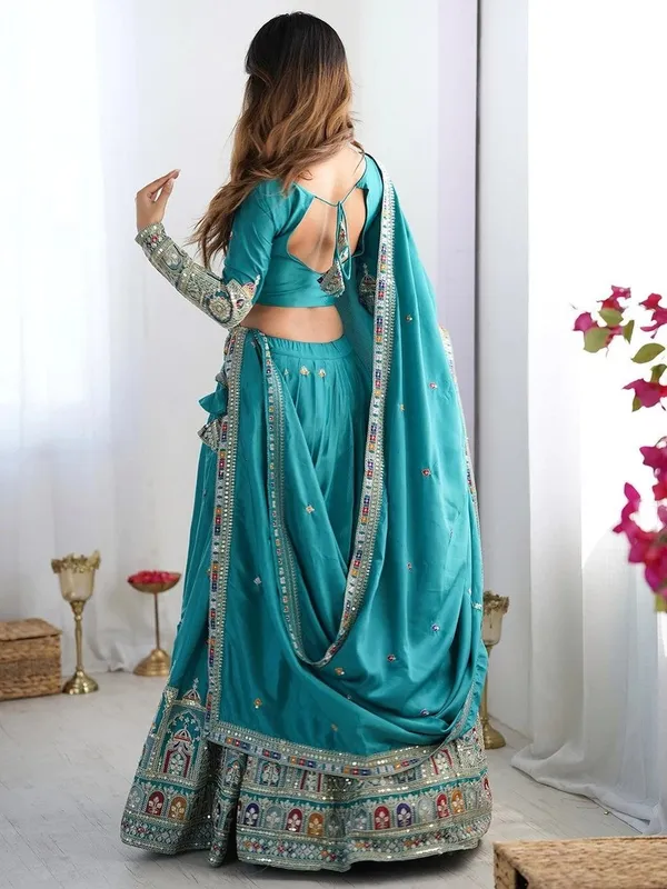 Teal_Blue_Cotton_Embroidered_Lehenga_Choli_For_Women