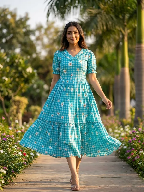 Blue_Cotton_Gingham_Floral_Print_Puff_Sleeve_Midi_Dress_For_Women