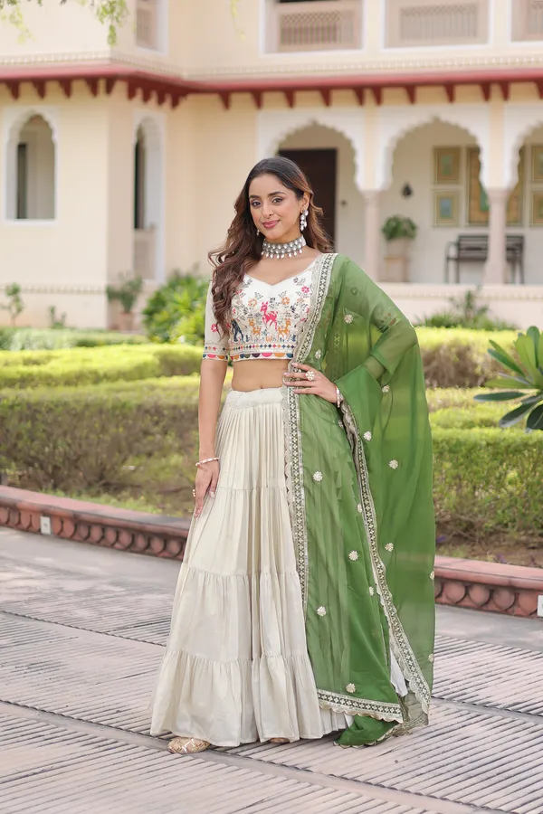 White_And_Green_Cotton_Embellished_Lehenga_Choli_For_Women