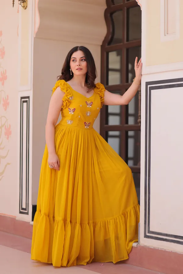 Bright_Yellow_Cotton_Embellished_Flared_Gown_For_Women