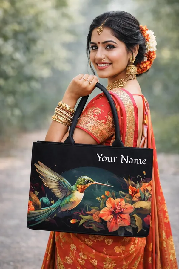Black_Personalized_Hummingbird_Floral_Tote_Bag