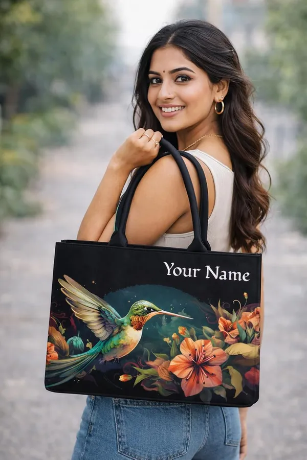 Black_Personalized_Hummingbird_Floral_Tote_Bag