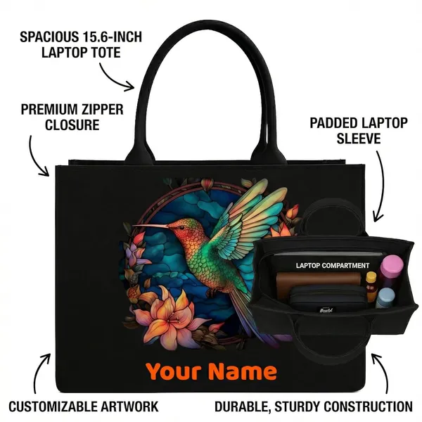 Black_Personalized_Hummingbird_Floral_Print_Tote_Bag_For_Women