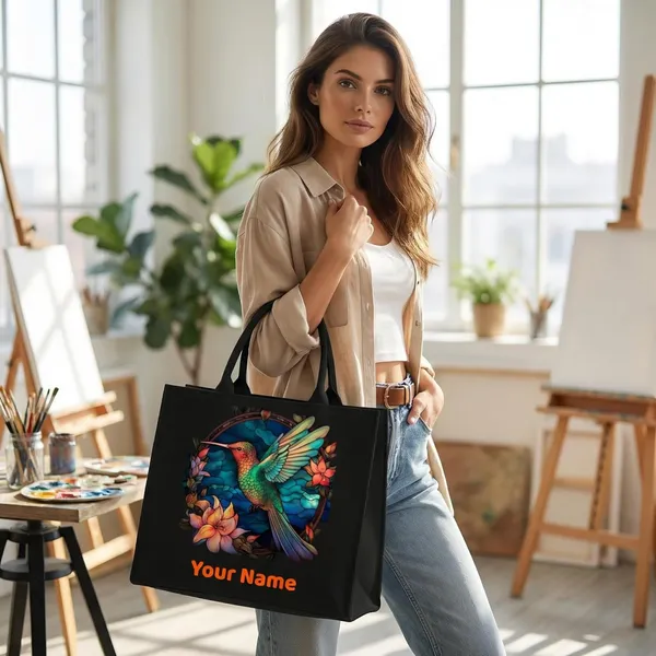 Black_Personalized_Hummingbird_Floral_Print_Tote_Bag_For_Women