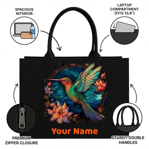 Black_Personalized_Hummingbird_Floral_Print_Tote_Bag_For_Women