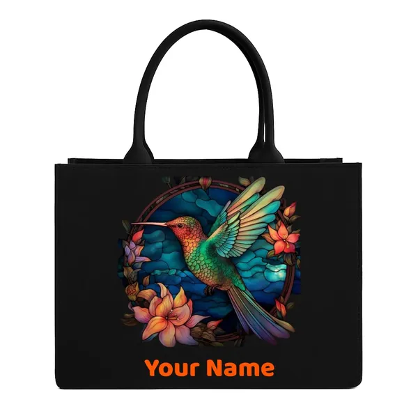 Black_Personalized_Hummingbird_Floral_Print_Tote_Bag_For_Women