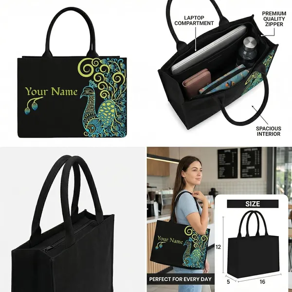Black_Personalized_Peacock_Canvas_Tote_Bag