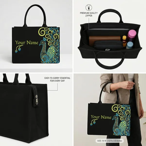 Black_Personalized_Peacock_Canvas_Tote_Bag