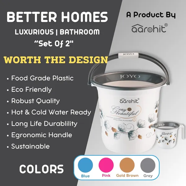 AAROHIT®_Modern_JOYO_Bucket_Set_for_Bathroom_Plastic_Bucket_with_Handle_Balti_for_Home_Bathing_Storage_Multipurpose_-_Grey