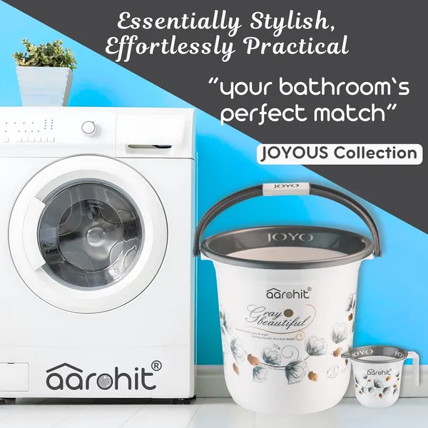 AAROHIT®_Modern_JOYO_Bucket_Set_for_Bathroom_Plastic_Bucket_with_Handle_Balti_for_Home_Bathing_Storage_Multipurpose_-_Grey