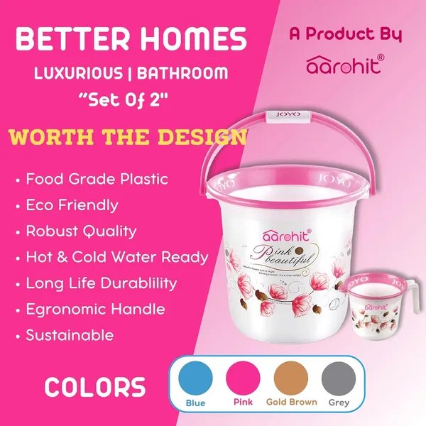 AAROHIT®_Modern_Joyo_Plastic_Bucket_Set_for_Bathroom_with_Handle_and_Mug_for_Home_Bathing_Storage_Multipurpose_-_Pink